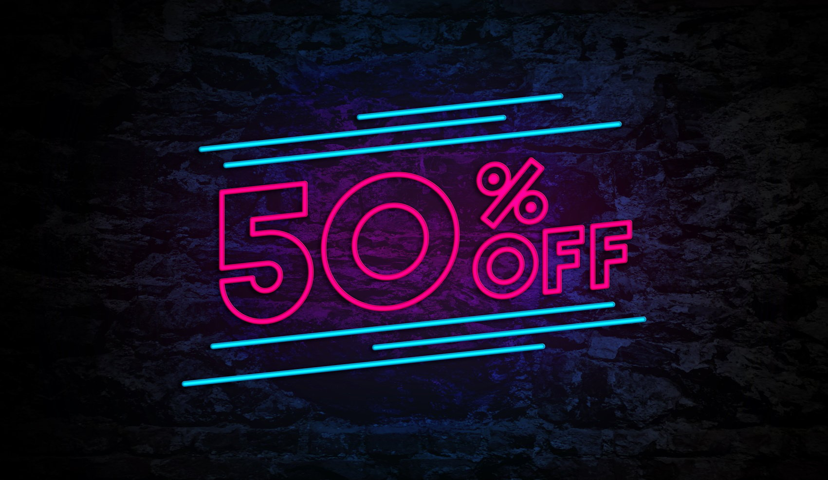 50% Off Neon Sign on Brick Wall